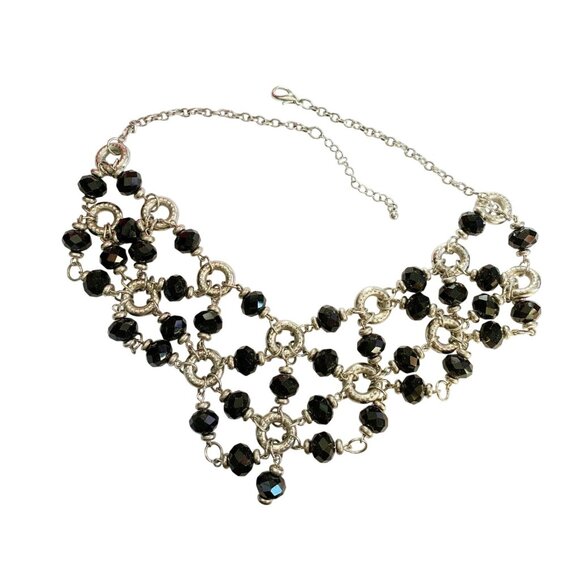 DRAPING Black Bead and Silver Tone Ring NECKLACE 21" - Picture 1 of 7